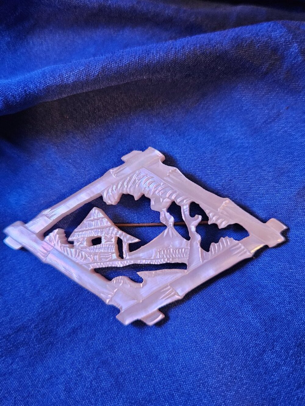 Vintage Mother of Pearl Shell Brooch Pin Philippines Nipa Hut